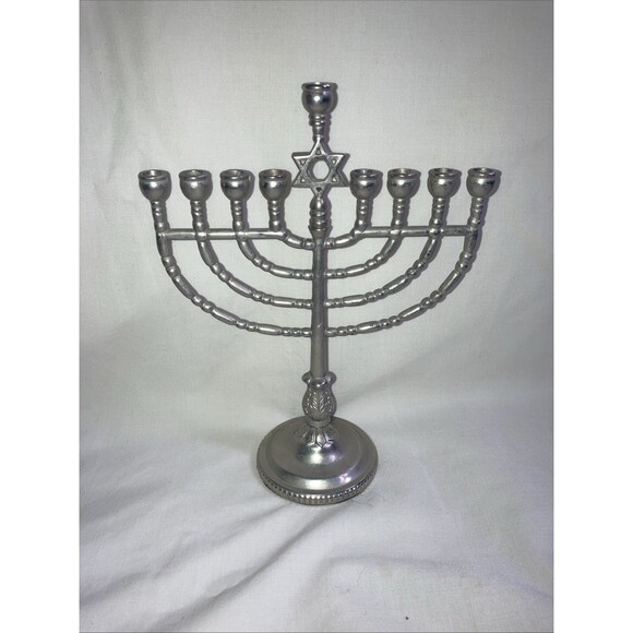 Jewish Holiday Chanukah Hanukkah CHROME Silver Tone Menorah Candle Holder 8.5” - Picture 1 of 5